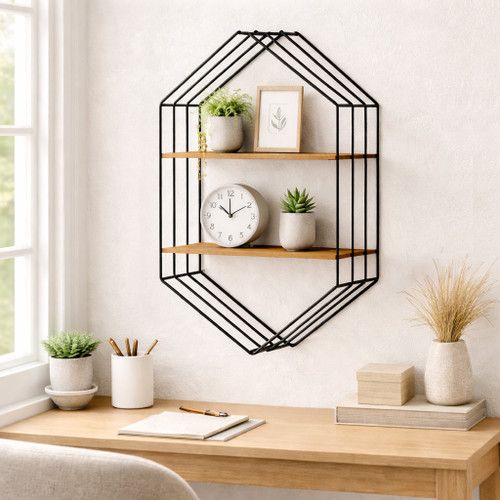 14734#Metal/wood 20" Hexagon Shelf, Brown/black