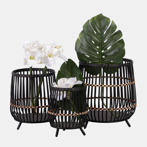 14780-03#S/3 Bamboo Footed Planters 17/14/10", Black