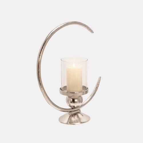 14817-01#Aluminum 19" Ring Candle Holder W/glass, Silver