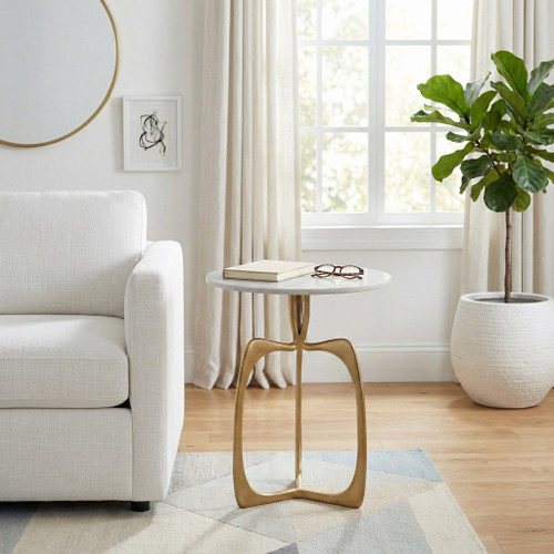 14844-01#Metal 22" Accent Table W/ White Marble, Gold  Kd