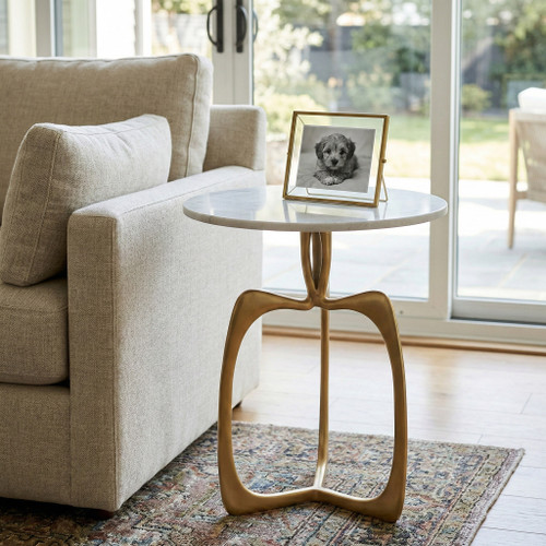 14844-01#Metal 22" Accent Table W/ White Marble, Gold  Kd