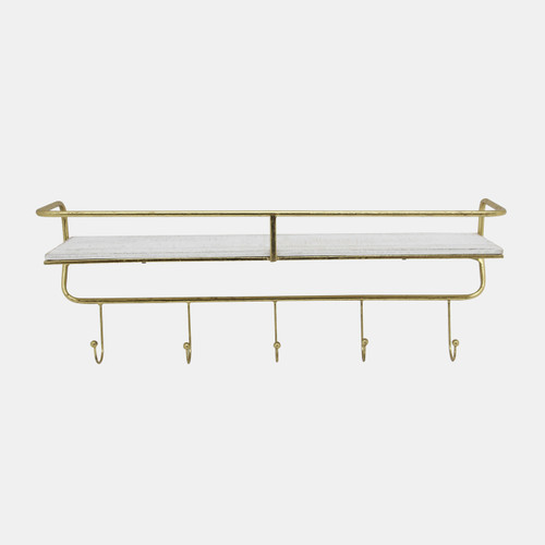 13880-03#Metal/wood, 24" 5  Hook Wall Shelf, White/gold