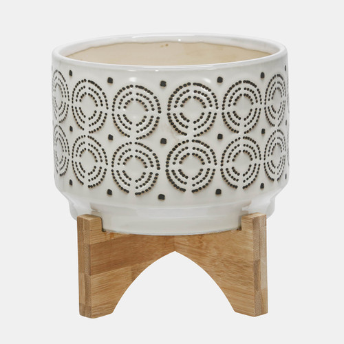 14933-02#Ceramic 7" Swirl Planter On Stand, Ivory 