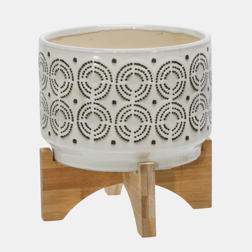 14933-02#Ceramic 7" Swirl Planter On Stand, Ivory 