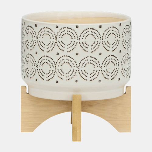 14933-02#Ceramic 7" Swirl Planter On Stand, Ivory 