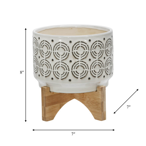 14933-02#Ceramic 7" Swirl Planter On Stand, Ivory 