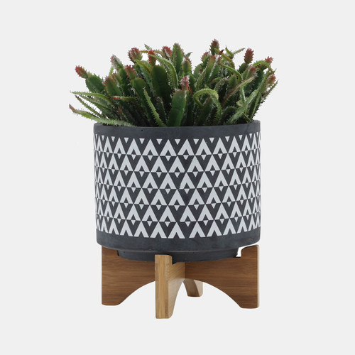 15035-02#Ceramic 8" Aztec Planter On Wooden Stand, Gray