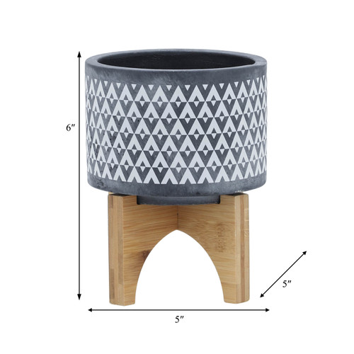 15035-03#Ceramic 5" Aztec Planter On Wooden Stand, Gray
