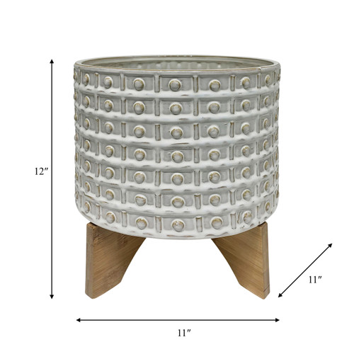 15056-01#Ceramic 10" Dotted Planter W/wood Stand, Ivory