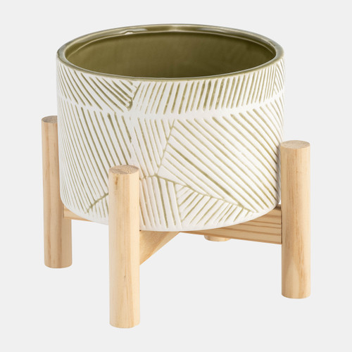 15071-03#6" Ceramic Planter W/ Wood Stand, Green Mix