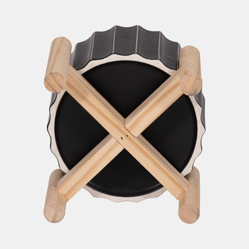 15074-03#6" Ceramic Fluted Planter W/ Wood Stand, Black