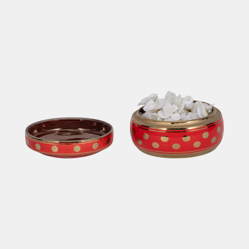 13448-07#Red/gold Polka Dot Box 7"
