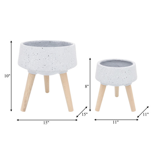 15018-02#S/2 11/15" Terrazzo Planter W/ Wood Legs,  Gray