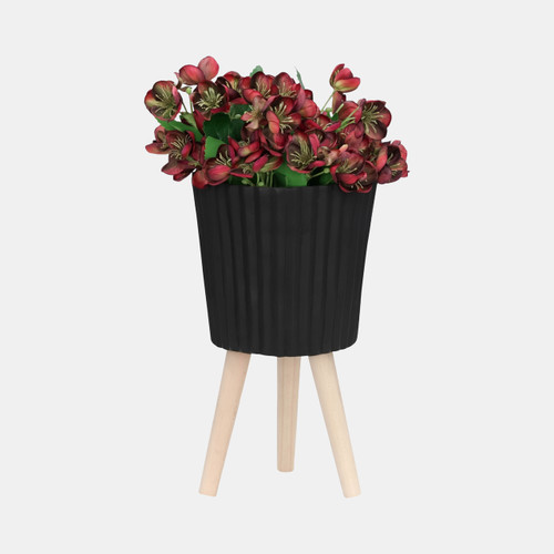 15020-02#S/2 10/12" Ridged Planter W/ Wood Legs, Black (kd)