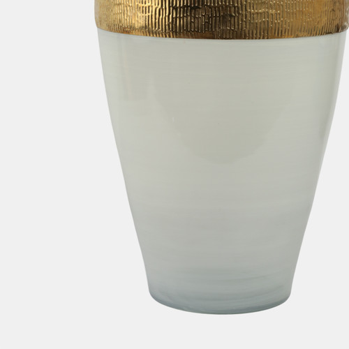 15216#Glass 21"h Ginger Vase W/ Brass Band, White