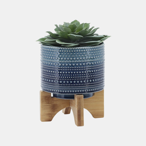 15348-01#5" Dotted Planter W/ Wood Stand, Blue