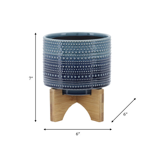 15348-01#5" Dotted Planter W/ Wood Stand, Blue