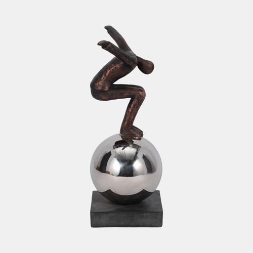 15358#Metal 12" Balancing Man On Sphere, Bronze