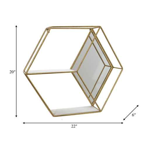 15395-02#Metal/wood 20" Hexagon Mirrored Wall Shelf, Gold