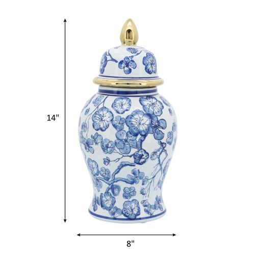 15425-03#14" Temple Jar W/ Hibiscus, Blue & White
