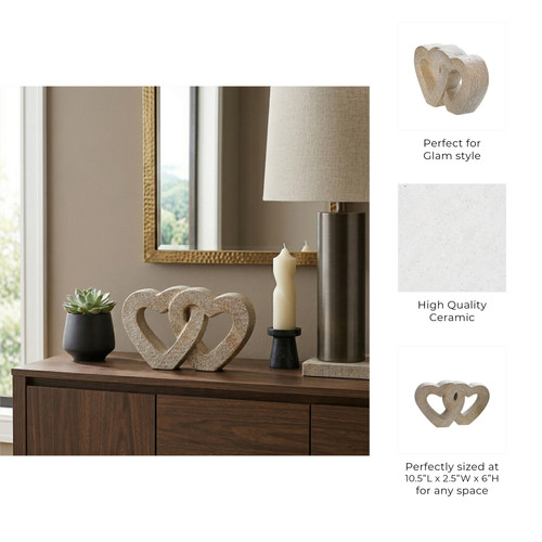 15427-02#10" Ceramic Double Heart Table Deco, Champagne
