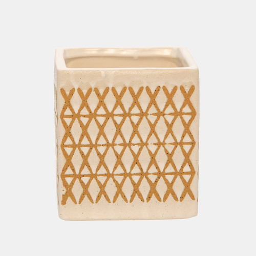 15429-04#Ceramic 4" Square X-design Pen Holder, Cream