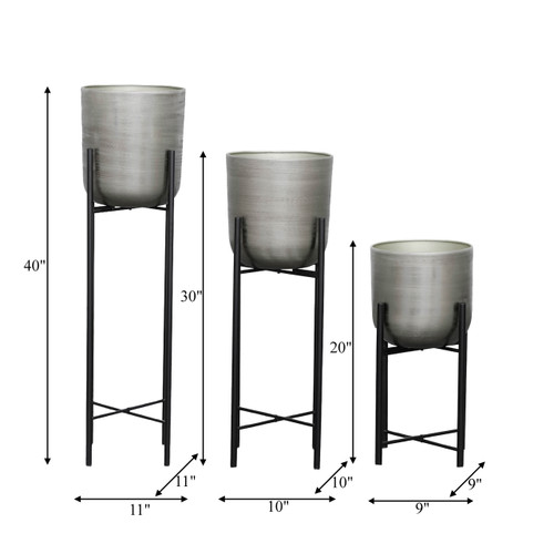 14630-02#S/3 Metal Planters On Stand 40/30/20"h, Silver/blk