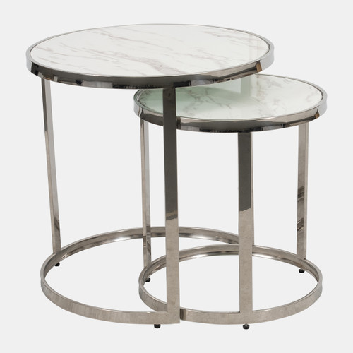 15437-01#S/2 Metal/marble Glass Round Side Table, Silver