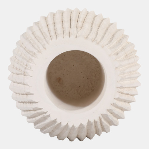 15716#Wood, 8" Ridged Vase, White