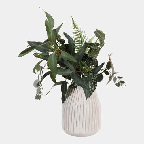 15716#Wood, 8" Ridged Vase, White