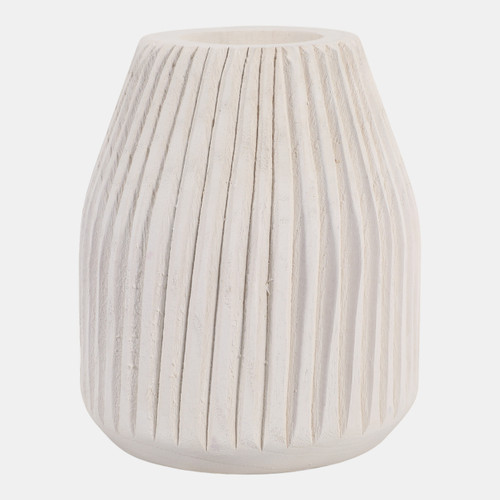 15716#Wood, 8" Ridged Vase, White