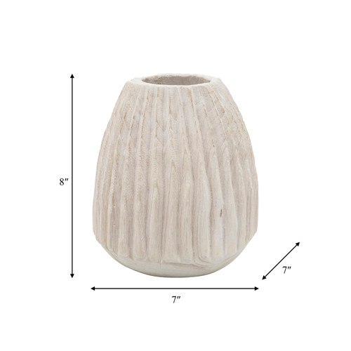 15716#Wood, 8" Ridged Vase, White