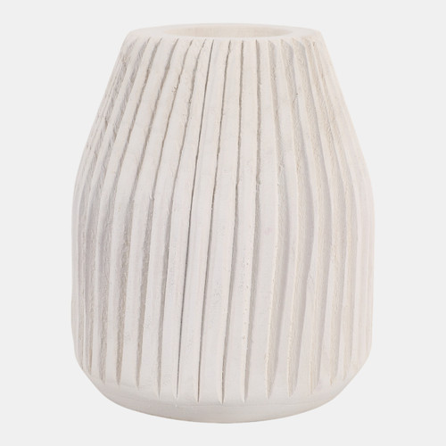 15716#Wood, 8" Ridged Vase, White
