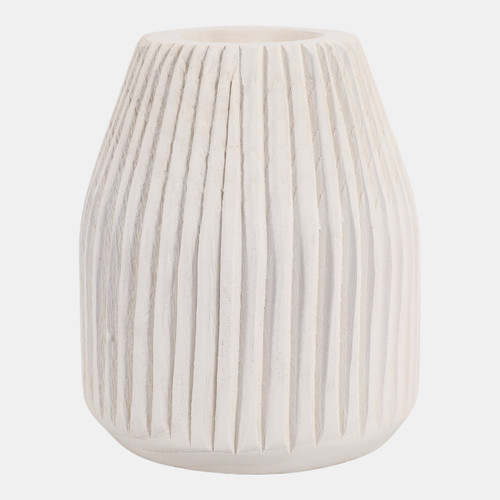 15716#Wood, 8" Ridged Vase, White