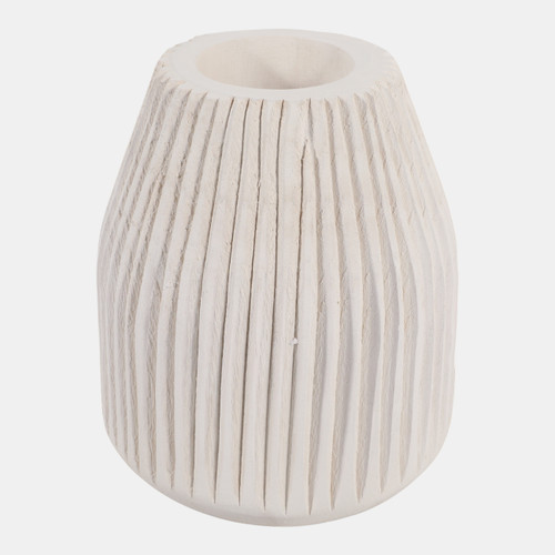 15716#Wood, 8" Ridged Vase, White