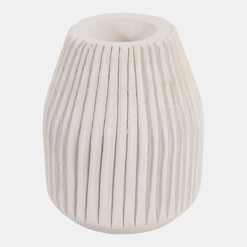 15716#Wood, 8" Ridged Vase, White