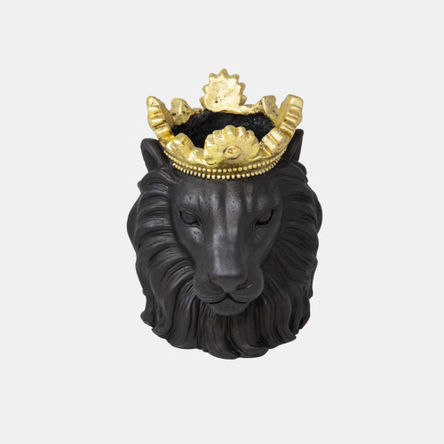 15720-01#Resin 9" Lion W/ Crown, Black