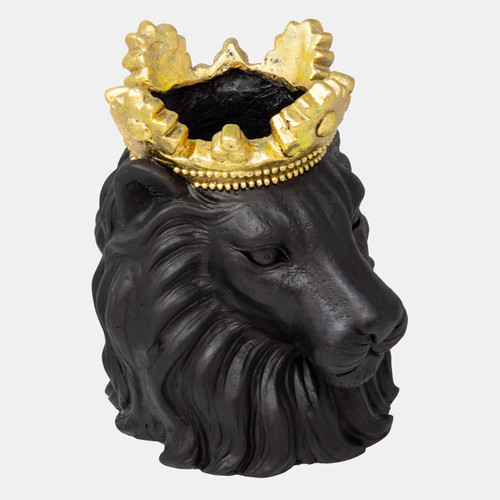 15720-01#Resin 9" Lion W/ Crown, Black