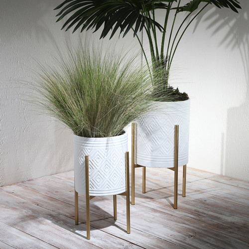 12629-12#S/2 Aztec Planter On Metal Stand, White/gold