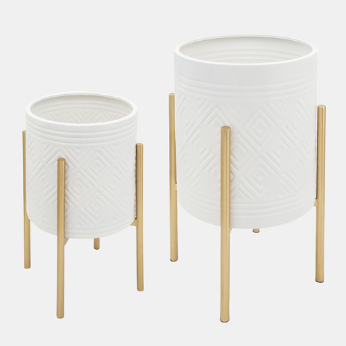 12629-12#S/2 Aztec Planter On Metal Stand, White/gold
