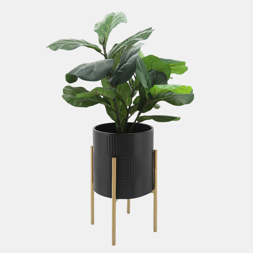 12629-15#S/2 Planter W/ Lines On Metal Stand, Black/gold
