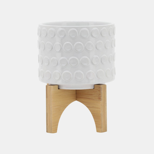 15033-06#Ceramic 5" Planter On Wooden Stand, White