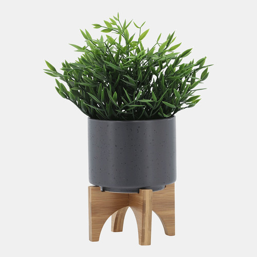 15798-01#5" Planter W/ Wood Stand, Matte Gray