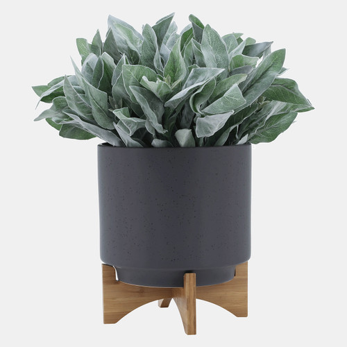 15798-03#10" Planter W/ Wood Stand, Matte Gray