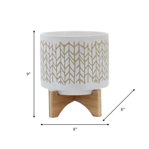 15805-02#8" Chevron Planter W/ Wood Stand, Beige