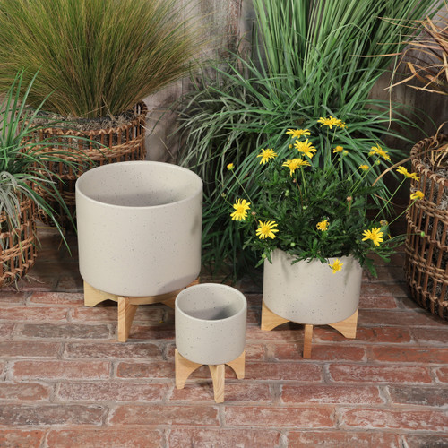 15818-03#10" Planter W/ Wood Stand, Matte Beige