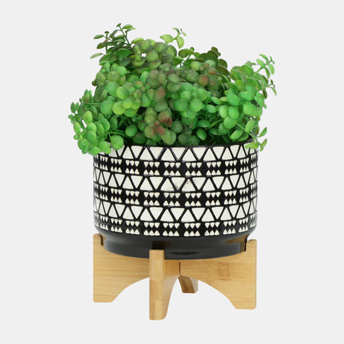 15742#7" Abstract Planter With Wooden Stand, Black