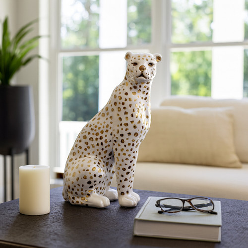 15878#11" Sitting Leopard, White/gold