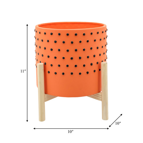 15902-01#  10" Dotted Planter W/ Wood Stand, Orange