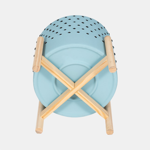 15903-01#  10" Dotted Planter W/ Wood Stand, Blue